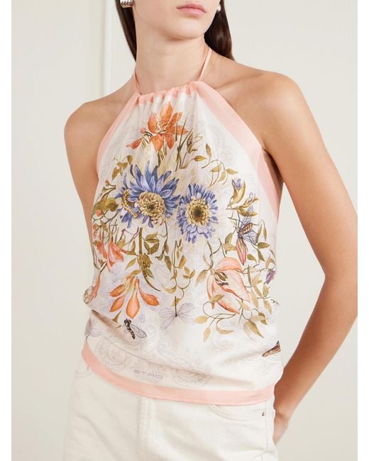 Etro White Floral-Print Silk-Voile Halterneck Top