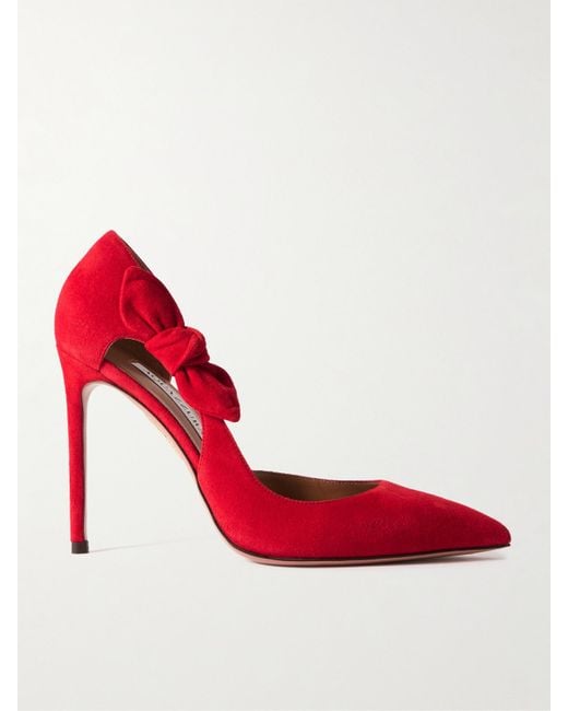 Aquazzura Red Very Bow Tie 105 Suede Point-Toe Pumps
