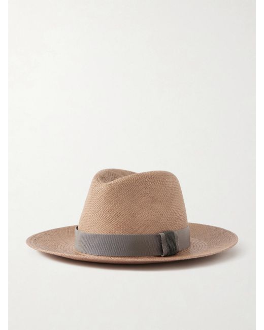 Brunello Cucinelli Brown Embellished Grosgrain-Trimmed Straw Hat
