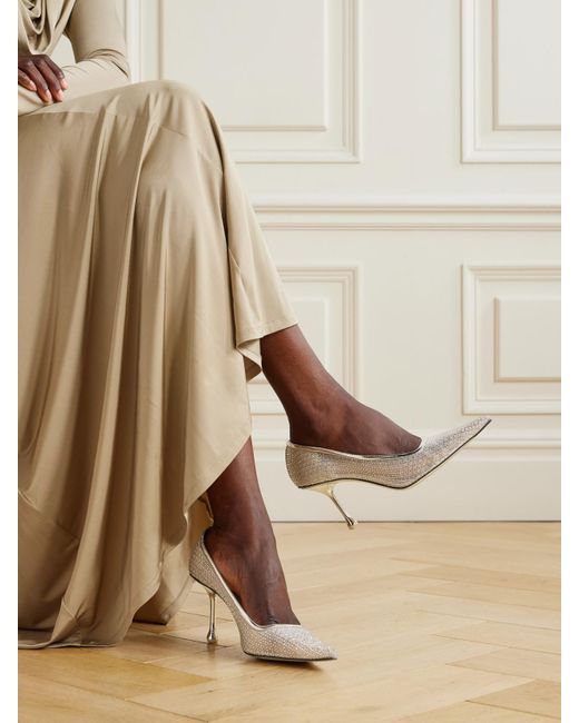 Jimmy Choo White Ixia 80 Mirrored Leather-Trimmed Crystal-Embellished Mesh Pumps