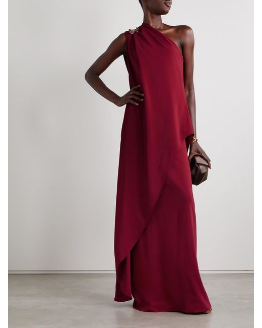 Oscar de la Renta Red One-Shoulder Embellished Draped Cady Gown