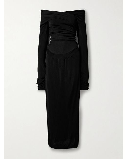 Khaite Black Fable Off-The-Shoulder Gathered Knitted Maxi Dress