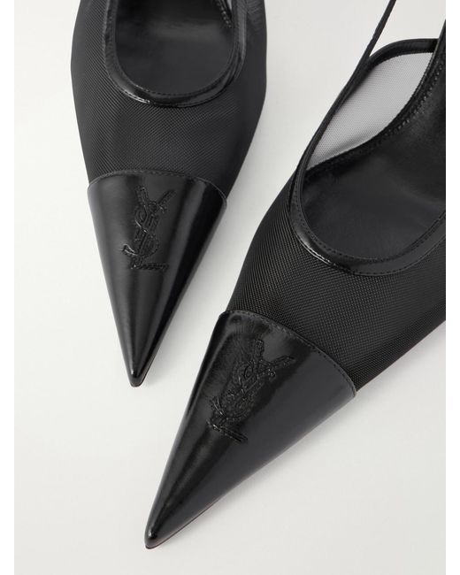 Saint Laurent Natural Renée Embroidered Patent Leather-Trimmed Mesh Slingback Pumps