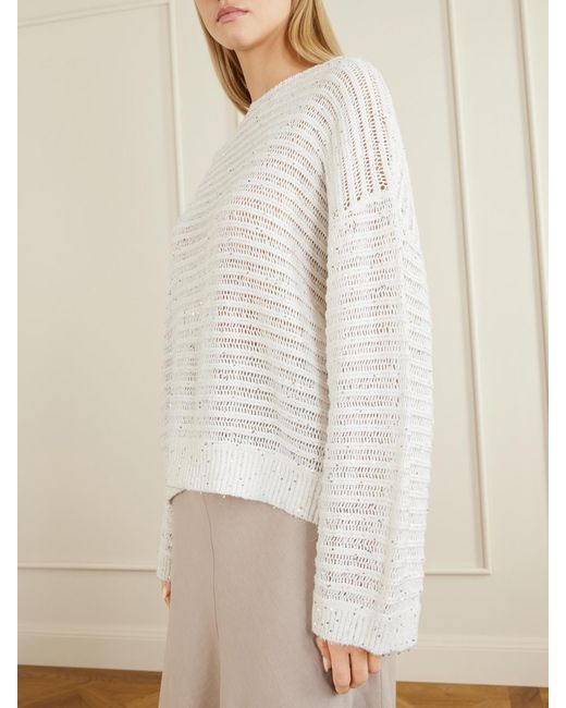Brunello Cucinelli White Open Linen-Blend Knit Sweater