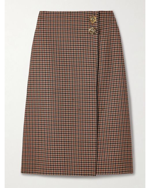 Cara Cara Brown Luca Embellished Houndstooth Cotton-Blend Tweed Wrap Midi Skirt