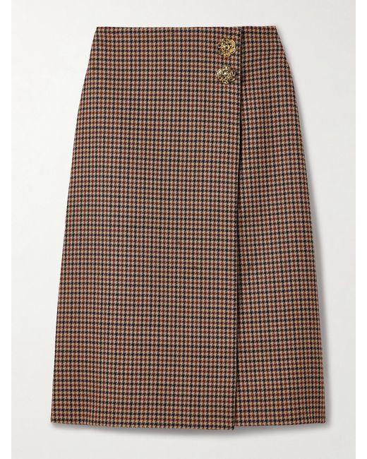 Jupe Midi Portefeuille En Tweed De Coton Mélangé Pied-De-Poule À Ornements Luca Cara Cara en coloris Brown