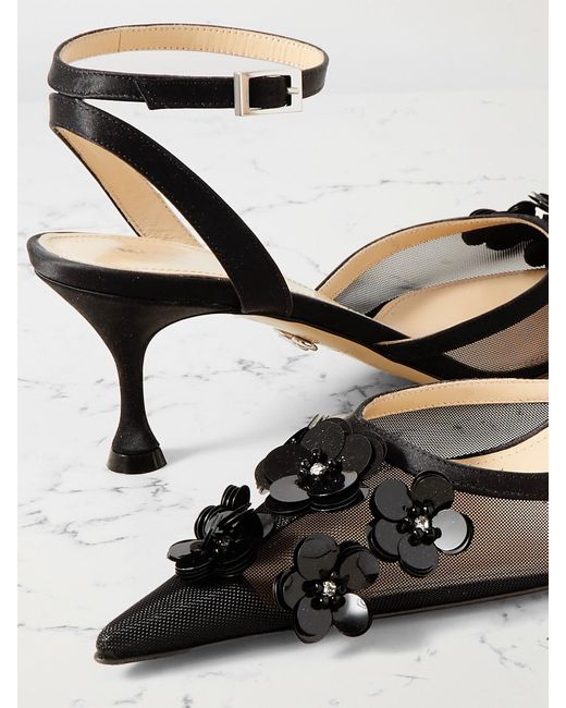 Mach & Mach Black Satin-Trimmed Embellished Mesh Pumps