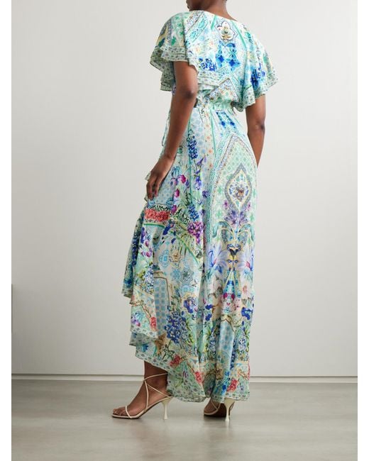 Camilla Blue Asymmetric Crystal-Embellished Ruffled Silk Maxi Wrap Dress