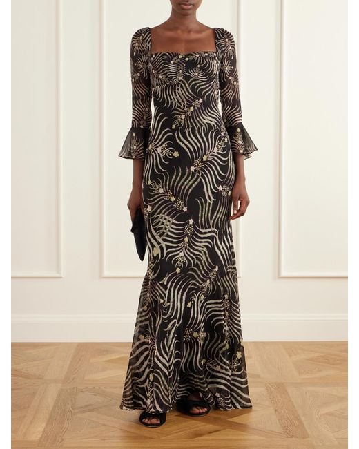 Saloni Black Willa Printed Silk-Chiffon Gown