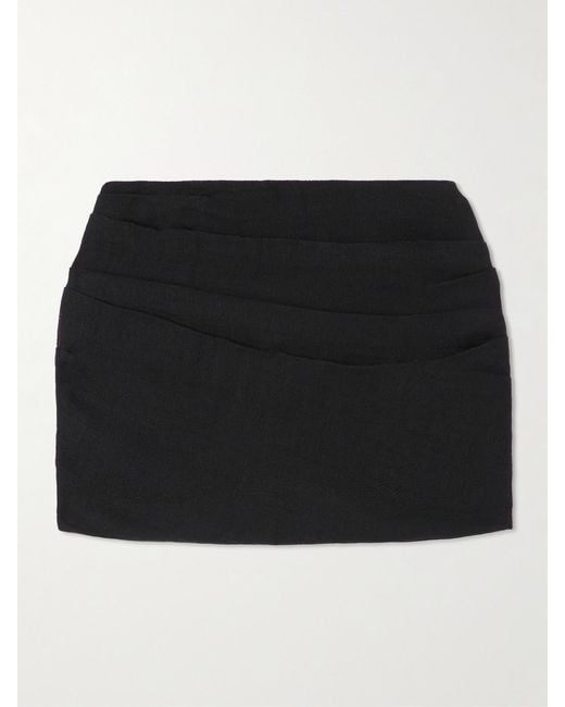 LeKasha Black Spetses Draped Organic Linen-Gauze Mini Skirt