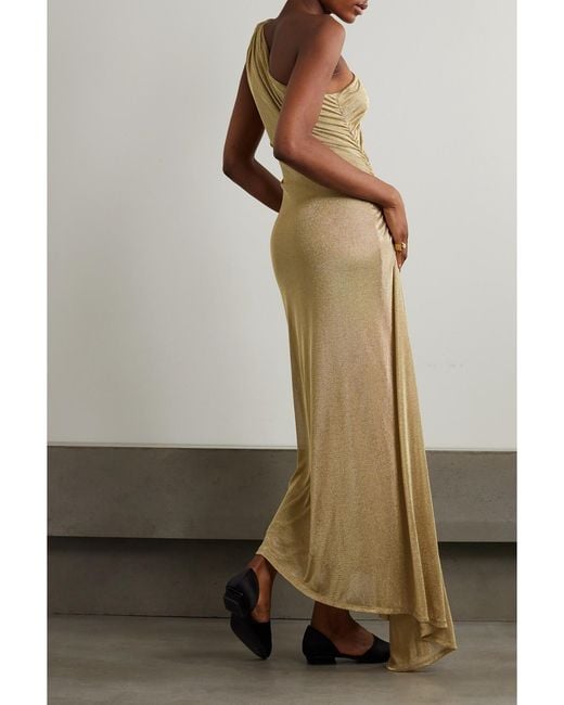 TOVE Natural Vivien One-Shoulder Ruched Metallic Knitted Maxi Dress