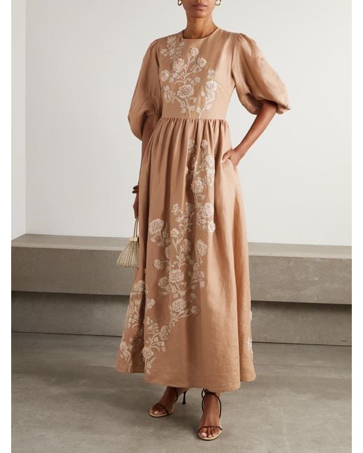 Agua Bendita Natural Raquel Embroidered Linen Maxi Dress