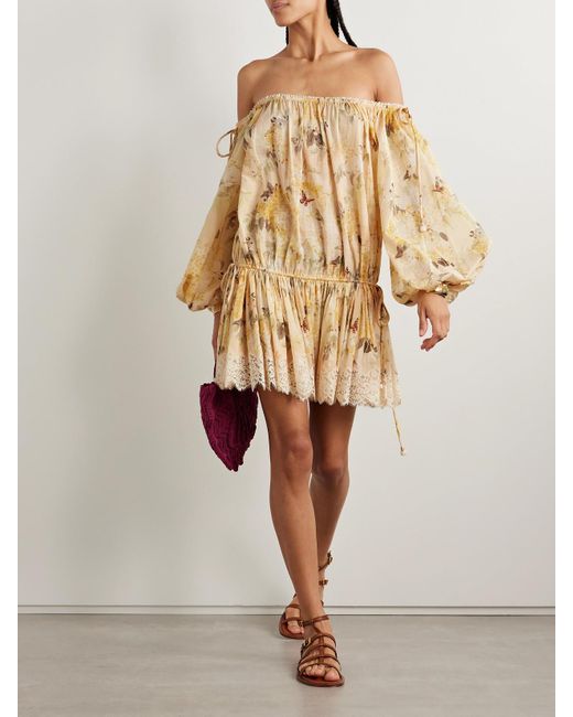 Zimmermann Natural Cascadian Schulterfreies Minikleid Aus Baumwoll-Voile Mit Blumenprint Und Spitzenbesätzen