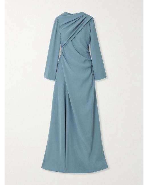 Marmar Halim Blue Draped Scarf-Detailed Wrap-Effect Silk-Crepe Gown