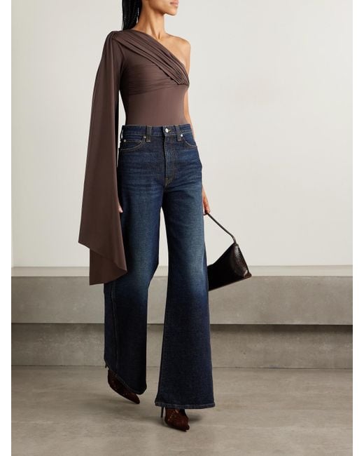 Maygel Coronel Brown Burano One-Shoulder Cape-Effect Gathered Draped Stretch-Jersey Bodysuit