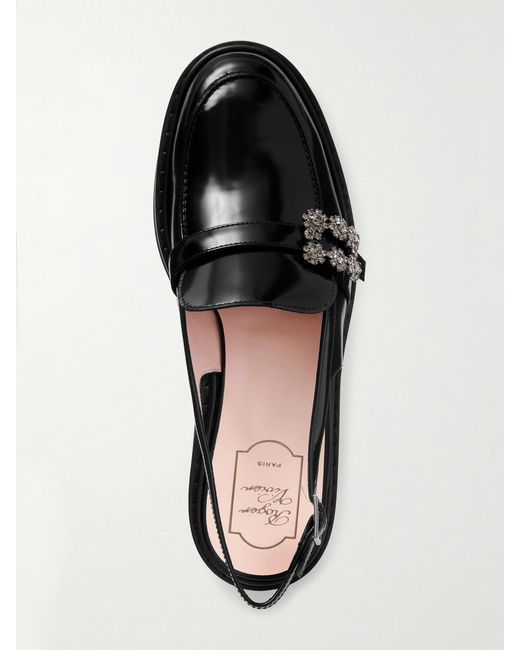 Roger Vivier Black Viv Rangers Crystal-Embellished Leather Slingback Loafers