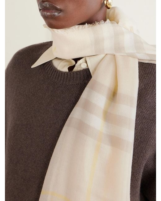 Burberry Natural Frayed Checked Wool Scarf