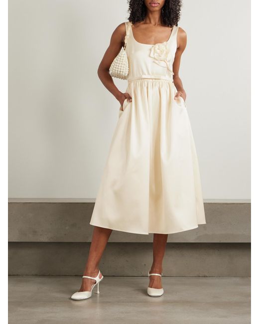 Self-Portrait White Appliquéd Belted Satin Midi Dress