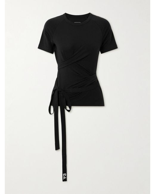 Adidas Originals Black Y-3 Tie-Detailed Striped Lyocell-Blend Jersey T-Shirt