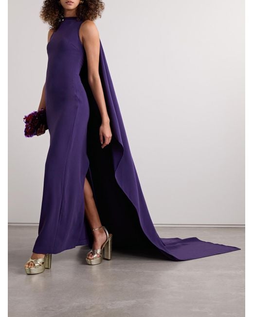 Solace London Purple Kaila Cape-Effect Crepe Gown
