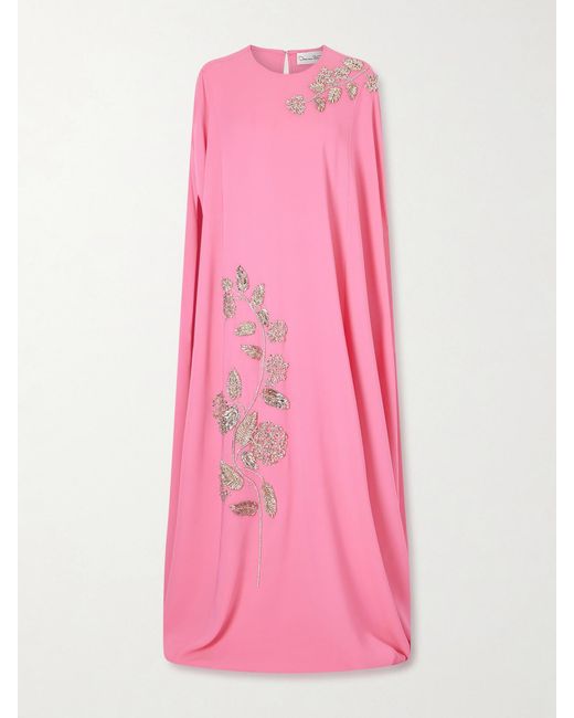 Oscar de la Renta Pink Cape-Effect Embellished Silk-Blend Gown