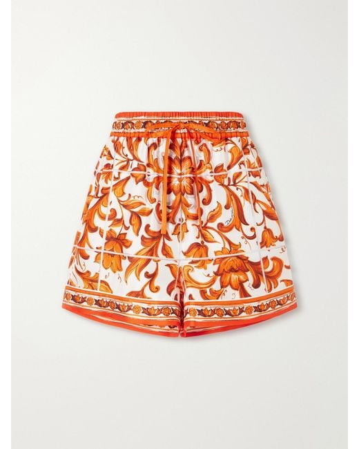 Dolce & Gabbana Orange Floral-Print Silk-Twill Mini Shorts