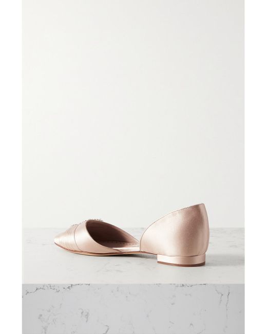 Manolo Blahnik Natural Luanda Crystal-Embellished Satin Point-Toe Flats