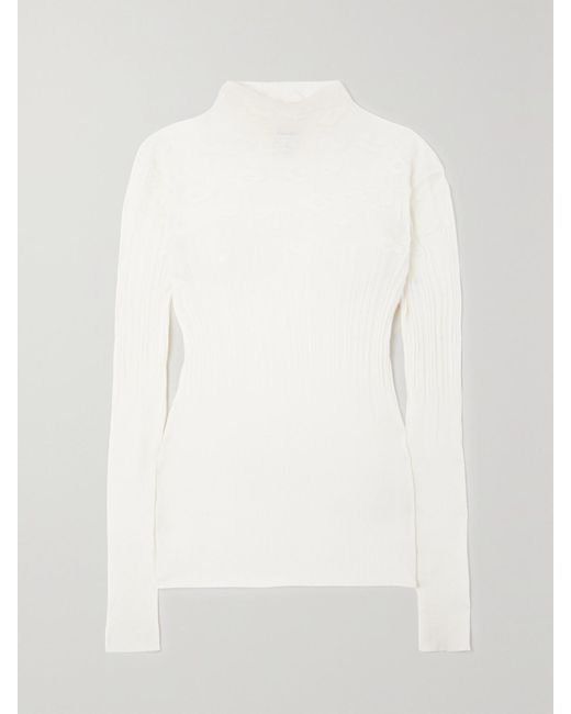 Bottega Veneta White Ribbed Pointelle-Knit Cotton-Blend Sweater