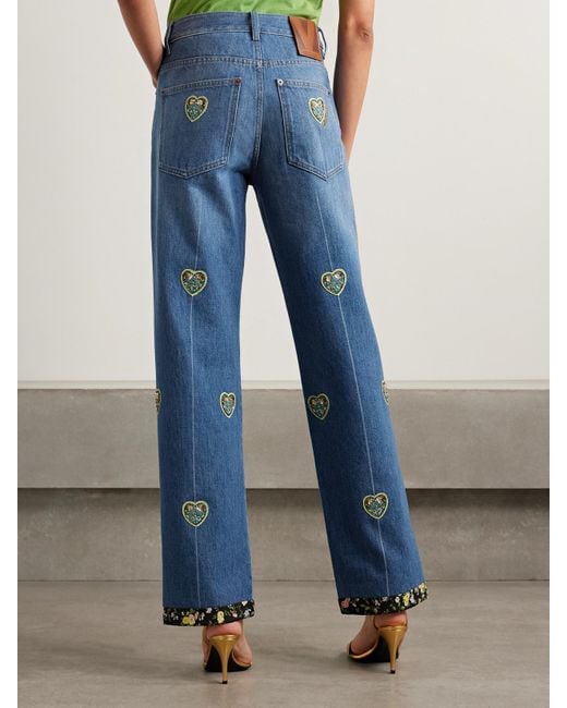 Valentino Blue Embroidered Embellished High-Rise Straight-Leg Jeans