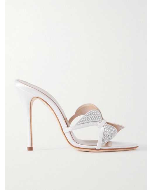 Alessandra Rich Natural Butterfly Crystal-Embellished Silk-Satin Mules