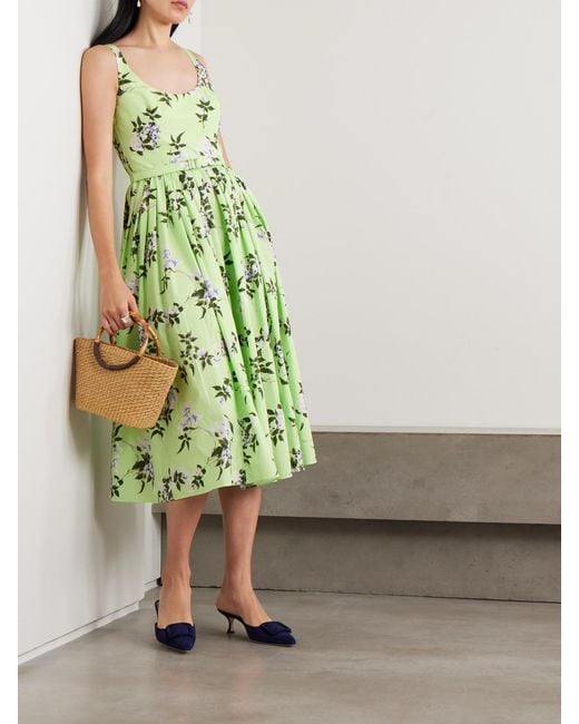 Emilia Wickstead Green Eglantine Belted Gathered Floral-Print Cotton-Poplin Midi Dress