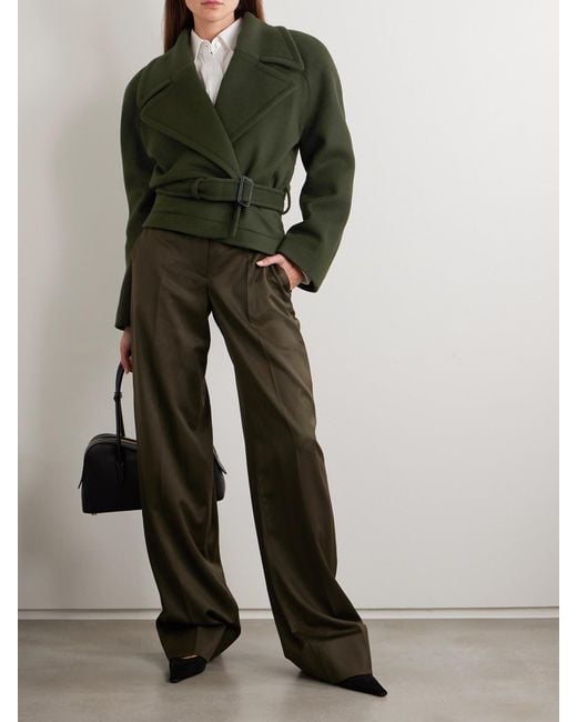 Stella McCartney Green Cropped Belted Double-Breasted Wool Coat