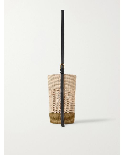 Khaite White Billie Leather-Trimmed Two-Tone Raffia Bucket Bag