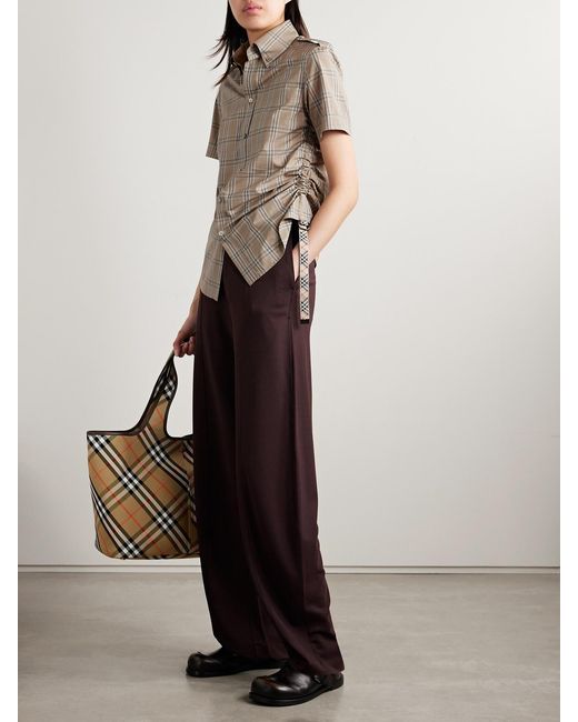 Burberry Natural Buckled Ruched Checked Cotton-Poplin Shirt