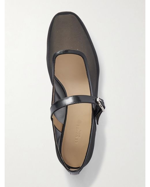 Le Monde Beryl White Patent Leather-Trimmed Glittered Mesh Mary Jane Ballet Flats