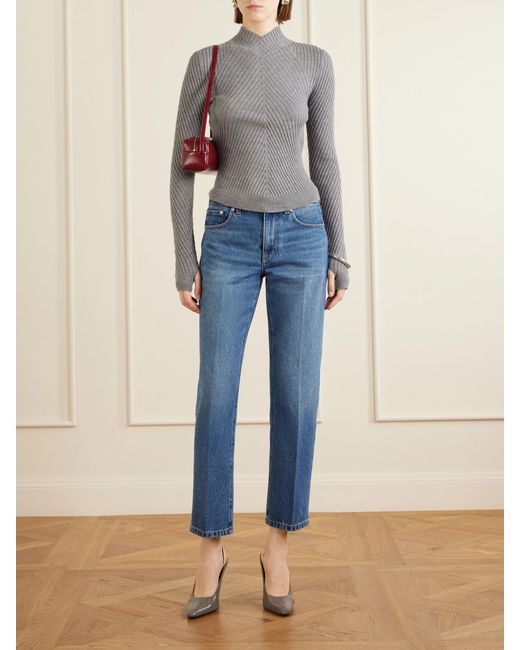 Victoria Beckham Blue Leather-Trimmed Low-Waist Flared Jeans