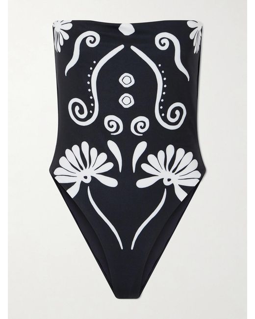 Cala De La Cruz Blue Lore Strapless Floral-Print Swimsuit
