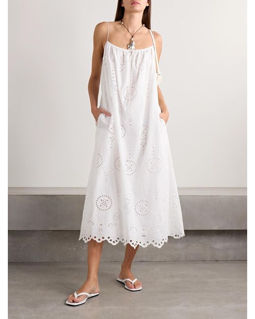 Matteau White Tie-Detailed Scalloped Broderie Anglaise Cotton Midi Dress