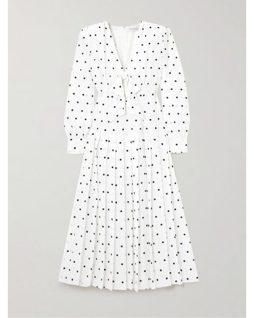 Alessandra Rich White Midikleid Aus Seide Mit Polka-Dots, Falten Und Schleifen