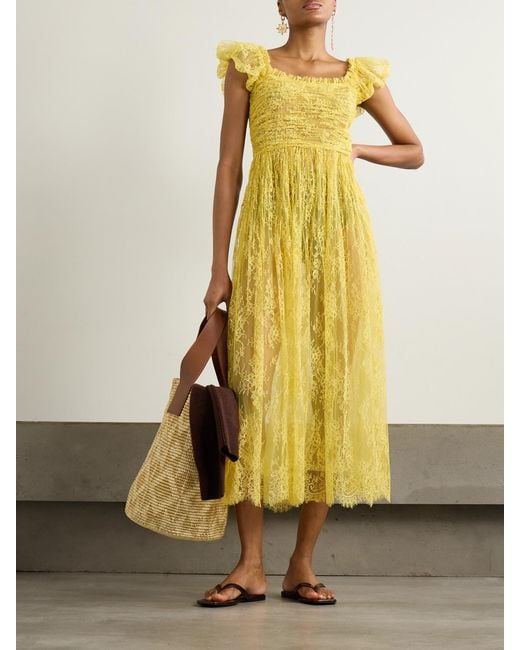Doen Yellow Pamelina Ruffled Shirred Lace Midi Dress