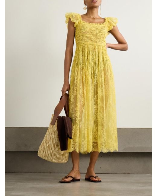 Doen Yellow Pamelina Ruffled Shirred Lace Midi Dress