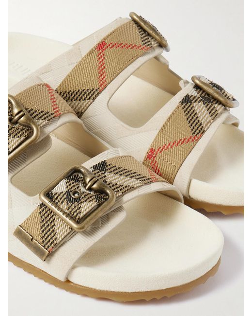 Burberry White Checked Canvas Jacquard-Trimmed Suede Sandals
