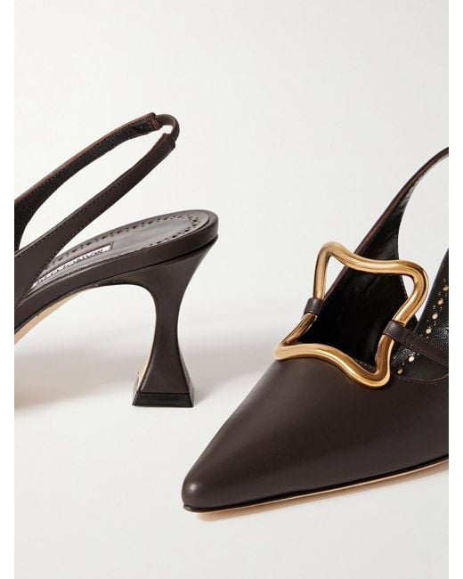 Manolo Blahnik Brown Nikkal 70 Leather Slingback Pumps