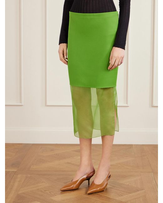 Khaite Green Sybil Layered Frayed Satin-Crepe And Organza Midi Skirt