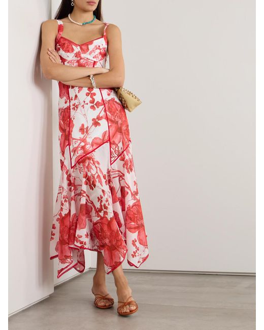 Charo Ruiz Red Yurik Guipure Lace-Trimmed Floral-Print Cotton-Blend Voile Midi Dress