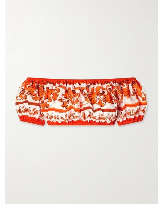 Dolce & Gabbana Red Cropped Printed Cotton-Poplin Top