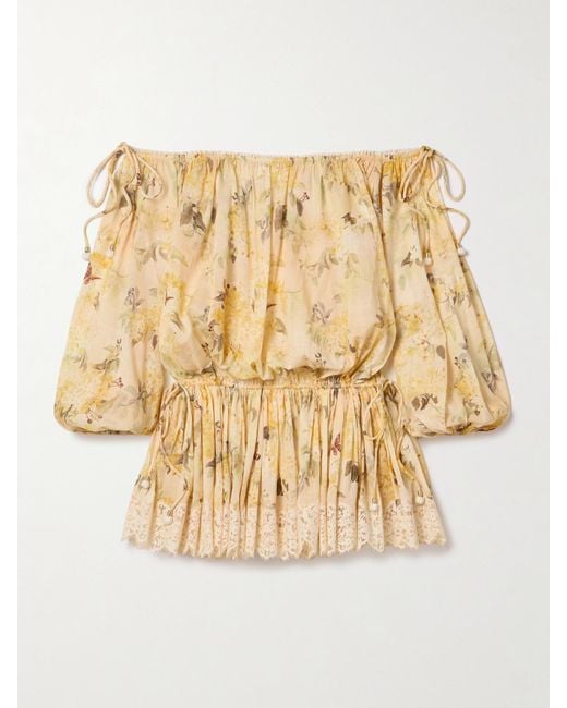 Zimmermann Natural Cascadian Schulterfreies Minikleid Aus Baumwoll-Voile Mit Blumenprint Und Spitzenbesätzen