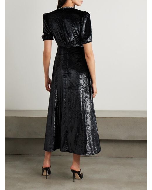Saloni Black Tabitha Embellished Metallic Velvet Midi Dress