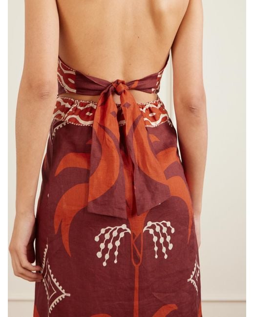 Robe Longue Dos Nu En Lin Imprimé À Découpe Johanna Ortiz en coloris Red