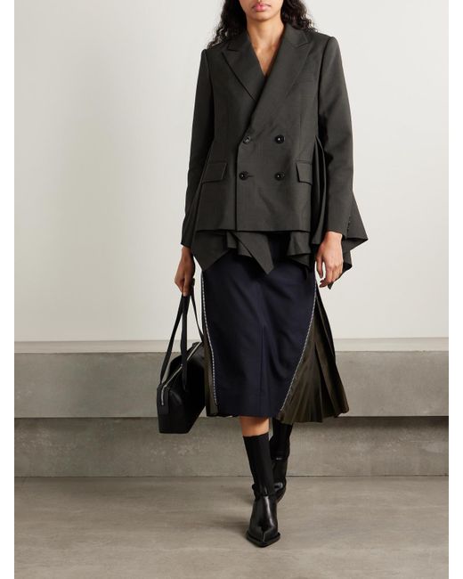Sacai Black Glen Doppelreihiger Blazer Aus Wolle Mit Glencheck-Muster Und Raffungen